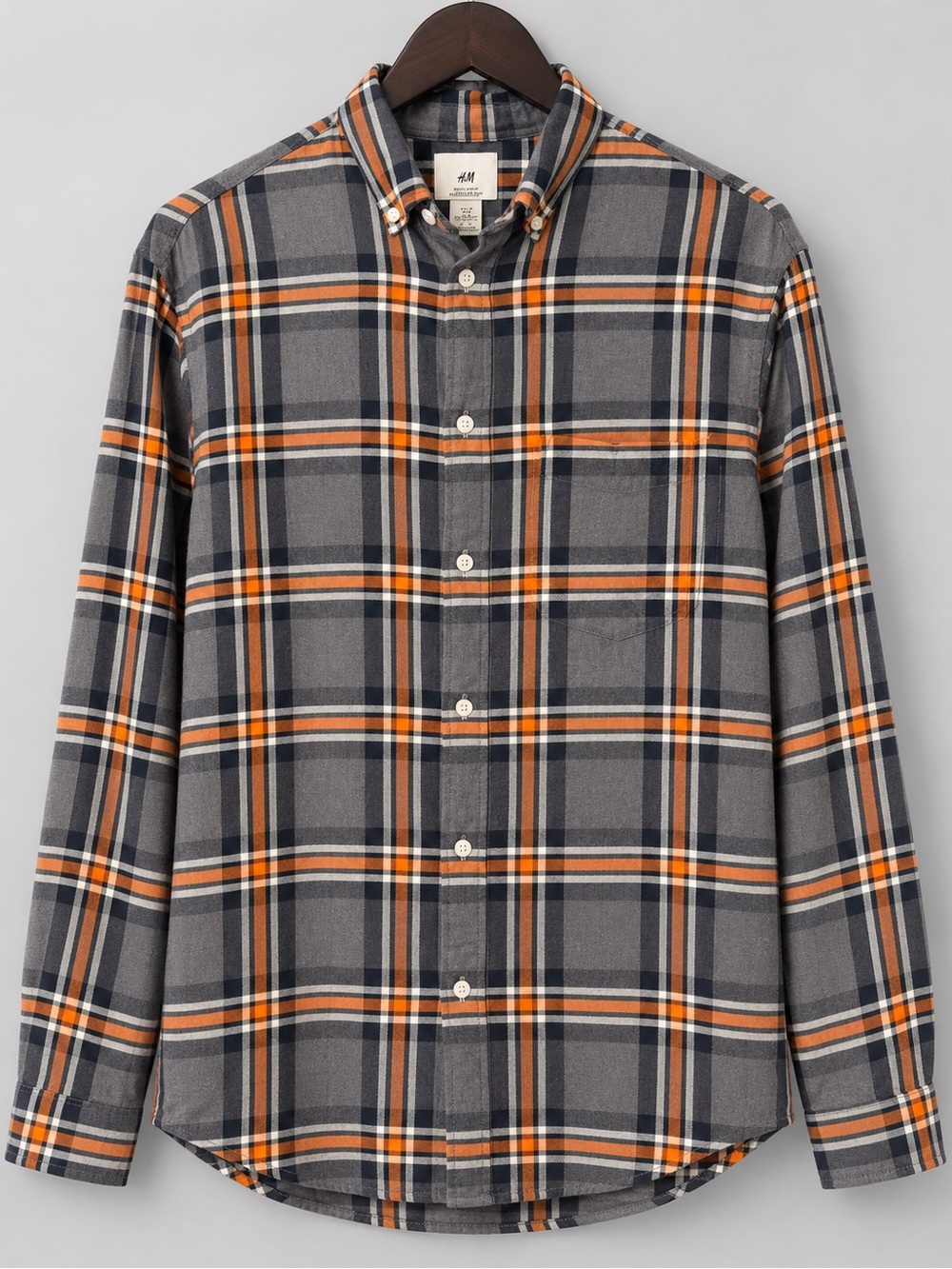 H&M Men's Gray and Orange Plaid Button-Down Shirt
